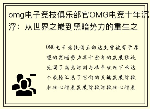 omg电子竞技俱乐部官OMG电竞十年沉浮：从世界之巅到黑暗势力的重生之谜
